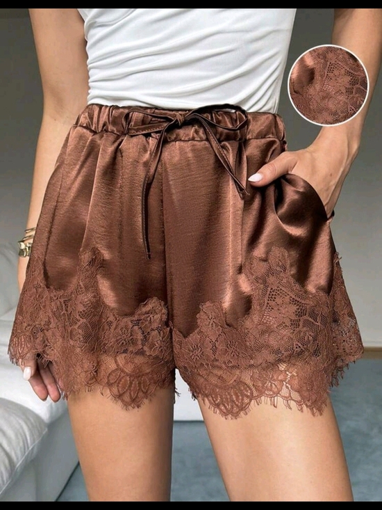 SHEIN Pants - SHEIN Brown Satin Lace-Trim High Waist Shorts